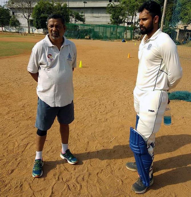 Hanuma Vihari, right, with his childhood coach John Manoj at the St John's Cricket Academy in Secunderabad. Photograph: Kind courtesy St John's Cricket Academy/Facebook