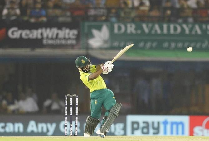 Temba Bavuma sends one over the fence during his knock of 49 off 43 balls.