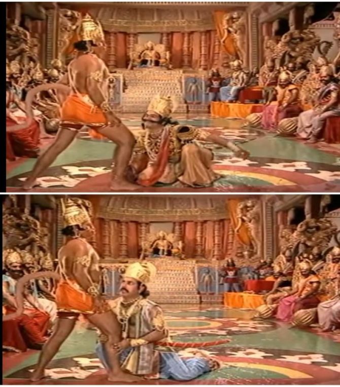 A scene from 'Ramayan'. Here, Ravana's warriors are unable to lift the character Angad's foot off the ground. 
