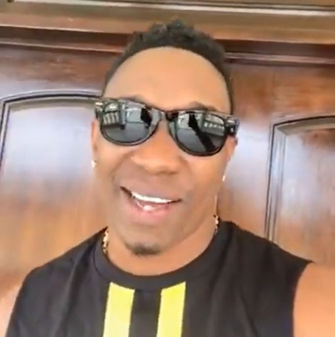 A video grab of Dwayne Bravo talking about the new song about MS Dhoni
