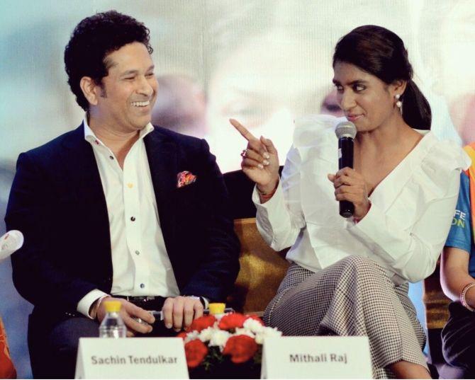 India woman's captain Mithali Raj with Sachin Tendulkar