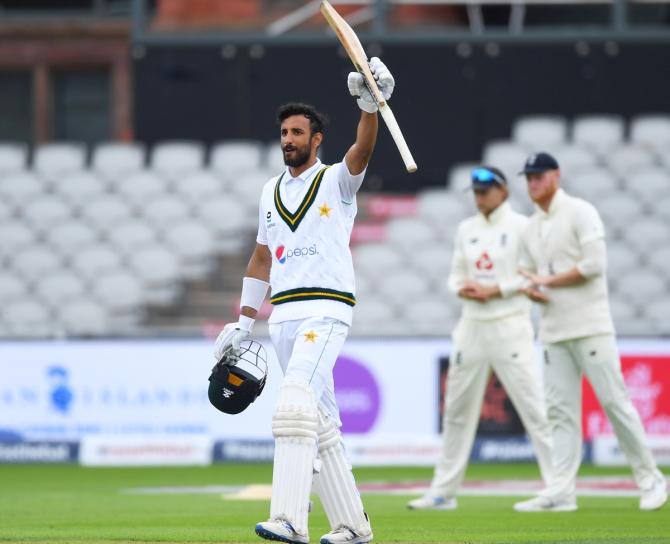 Shan Masood of Pakistan celebrates reaching his century 