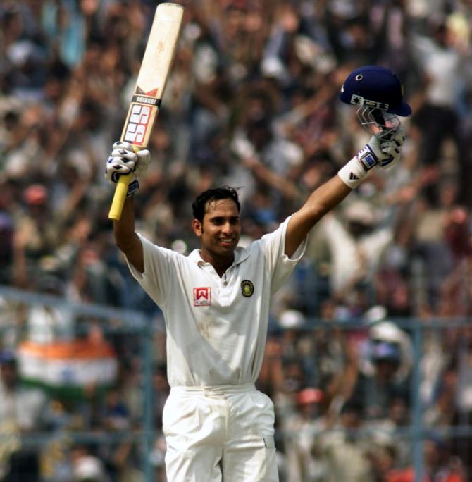 V V S Laxman celebrates a double century in the second Test against Australia at the Eden Gardens in Kolkata, March 14, 2001