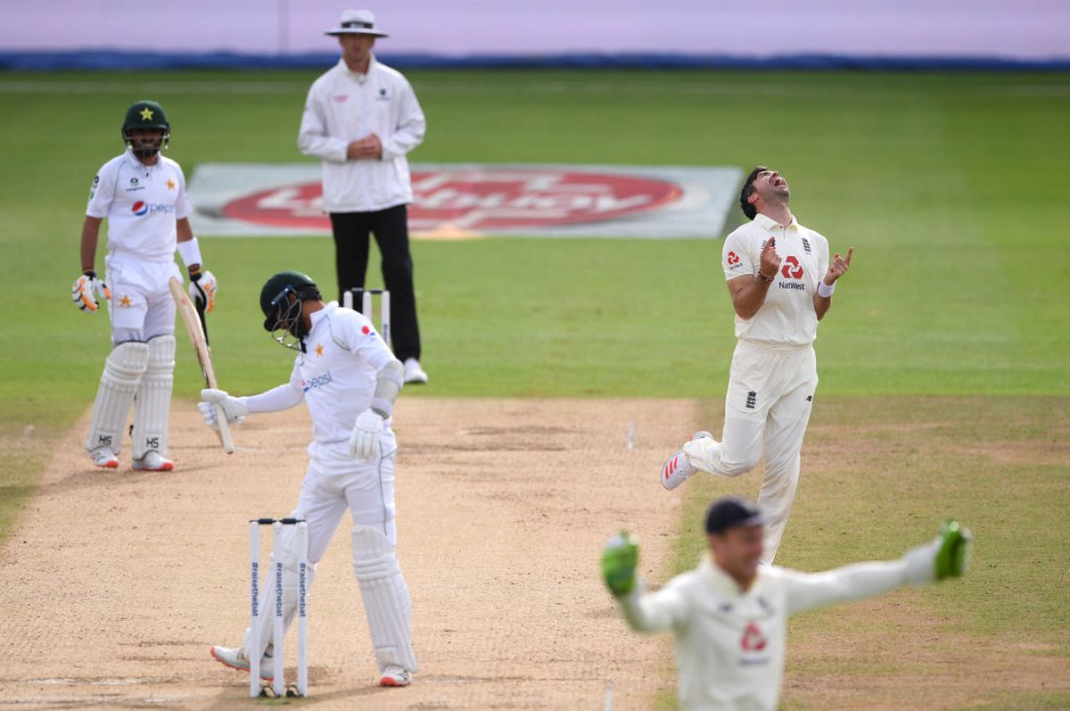 : James Anderson celebrates after taking the wicket of Azhar Ali to reach 600 Test wickets 