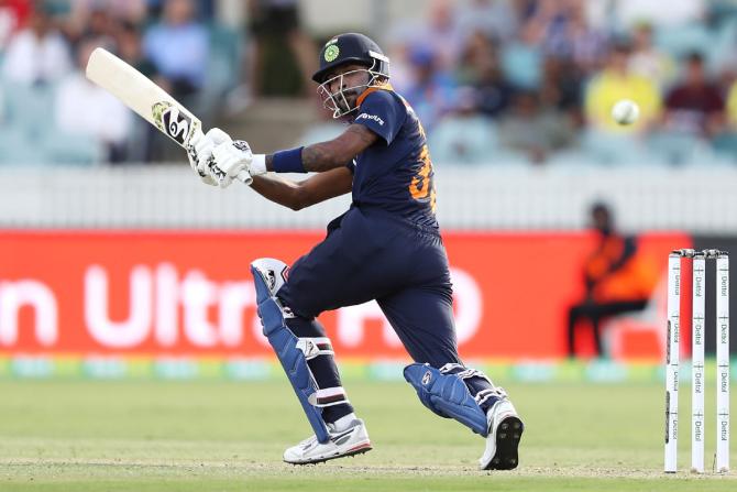 Hardik Pandya bats during the 3rd ODI in Canberra on Wednesday