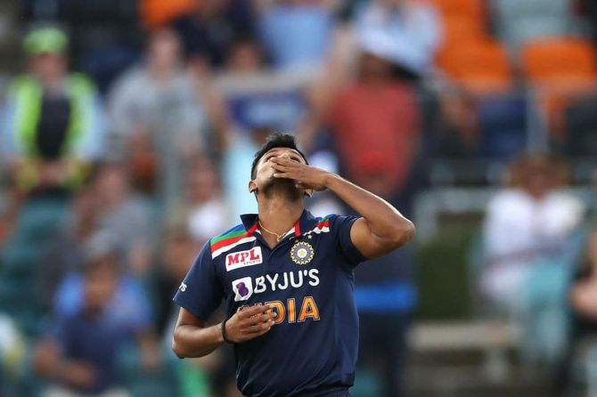 Thangarasu Natarajan celebrates on dismissing Marnus Labuschagne in the 3rd ODI at Manuka Oval on Wednesday 
