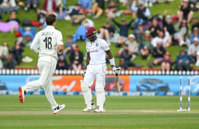 West Indies' Jermaine Blackwood is bowled by New Zealand's Trent Boult on Day 3 of the second Test match at Basin Reserve in Wellington, New Zealand, on Sunday