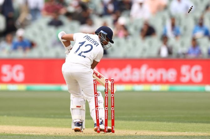 India opener Prithvi Shaw is bowled by Australia pacer Mitchell Starc for a duck on Day 1 of the first Test, at Adelaide Oval, on Thursday. 