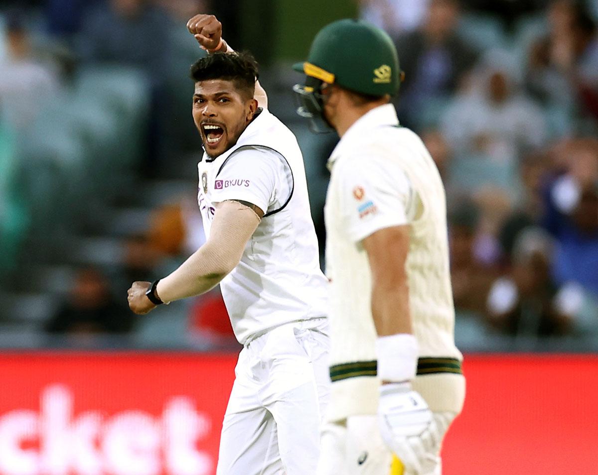 Umesh Yadav celebrates after dismissing Marnus Labuschagne