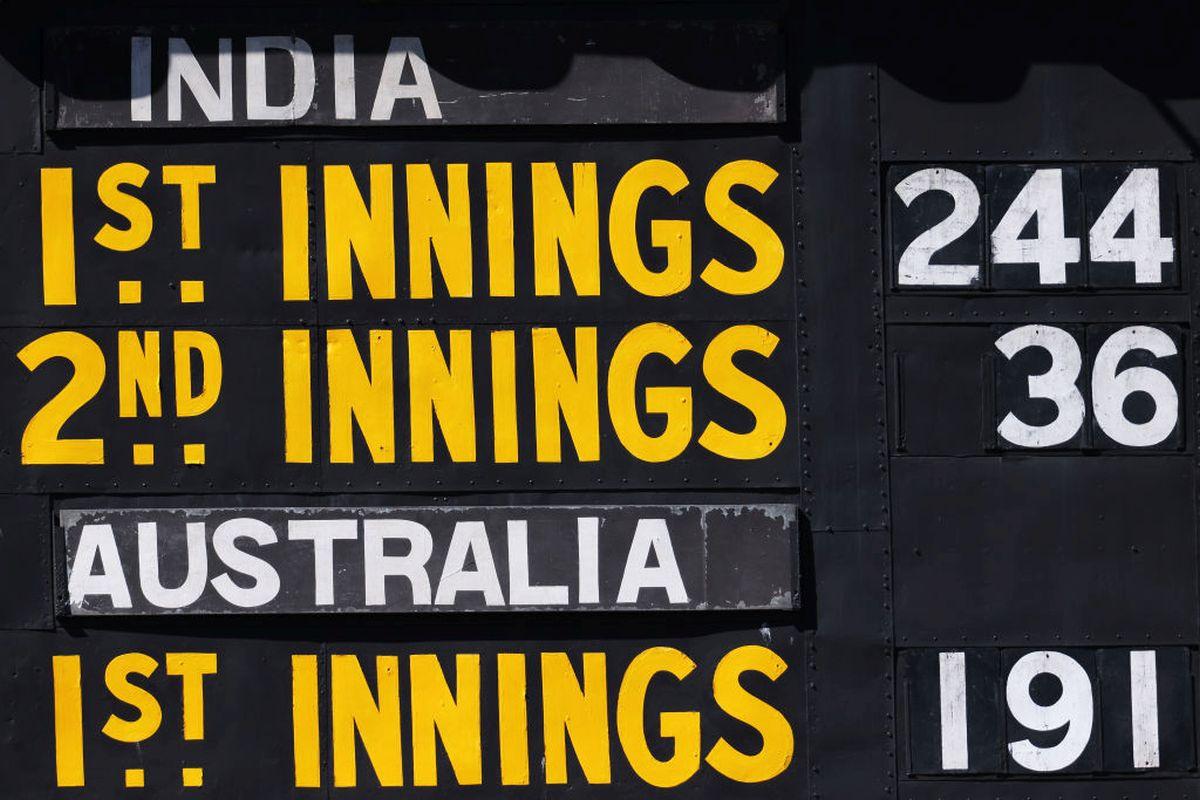 A general view of the scoreboard after India's second innings on Day 3 of the first Test at Adelaide Oval