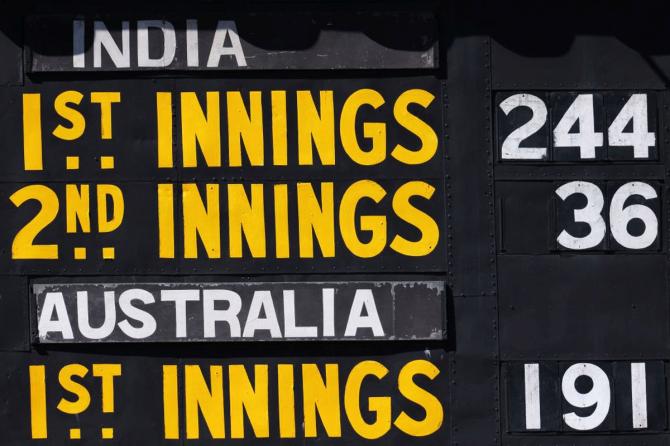 A general view of the scoreboard after India's second innings on Day 3 of the first Test at Adelaide Oval in Adelaide on Saturday