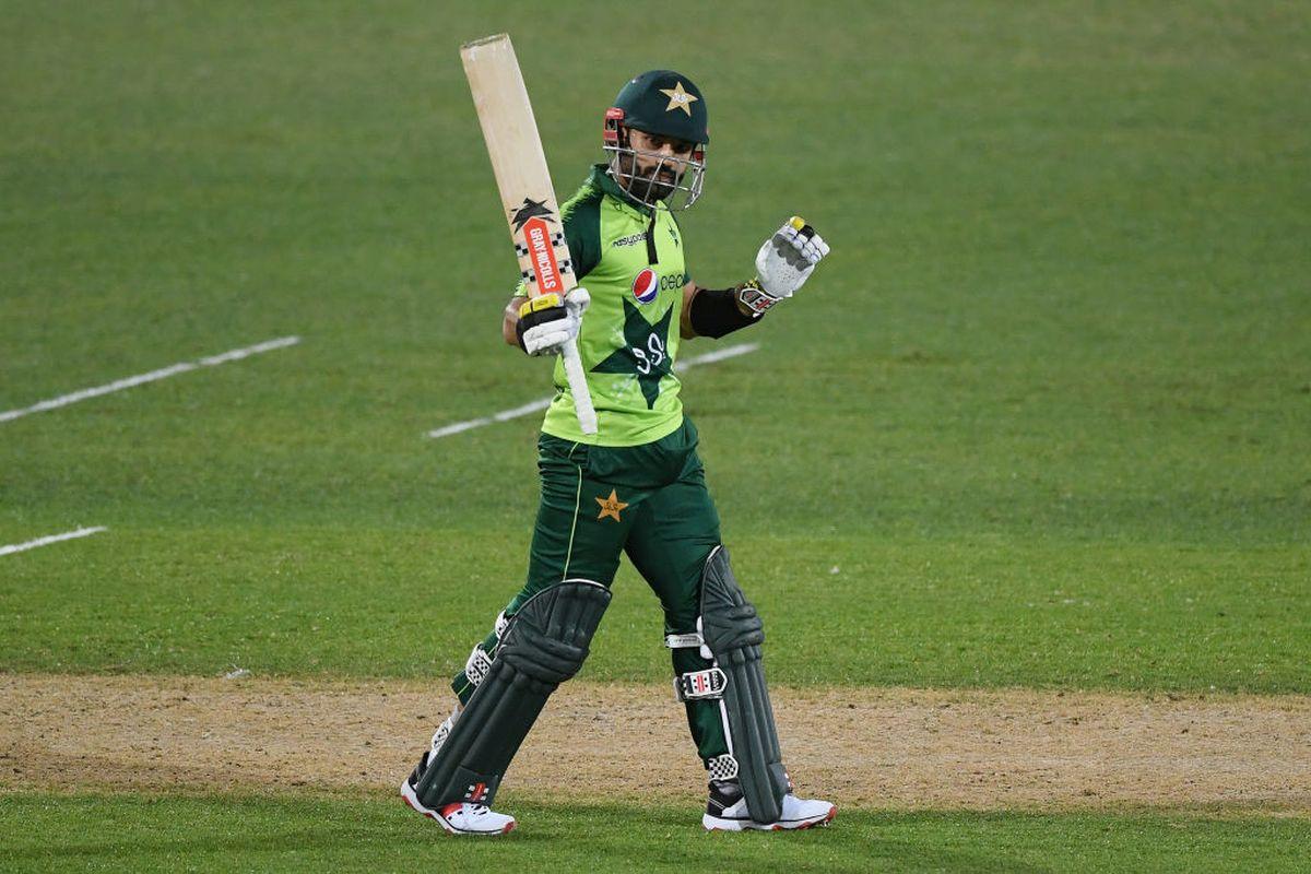 Pakistan's Mohammad Rizwan celebrates on completing his half-century during the third T20I  against New Zealand at McLean Park in Napier on Tuesday