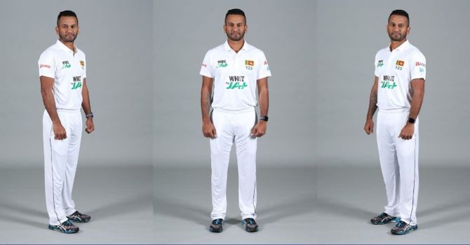 This photo tweeted by Sri Lanka Cricket sees captain Dimuth Karunaratne unveiling the new jersey