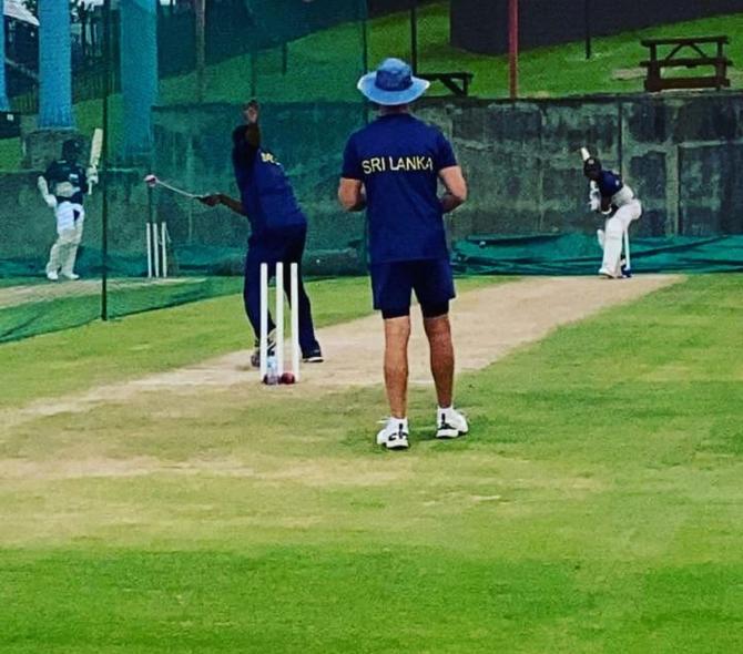 Sri Lanka players at a team training session on Thursday