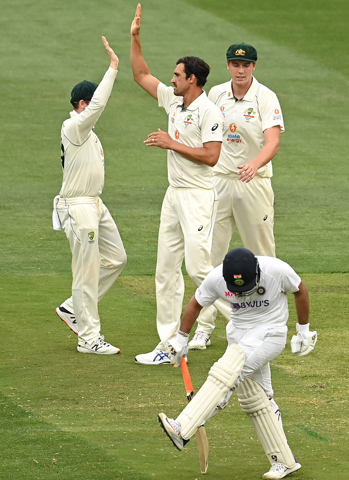 Mitchell Starc celebrates taking the wicket of Rishabh Pant