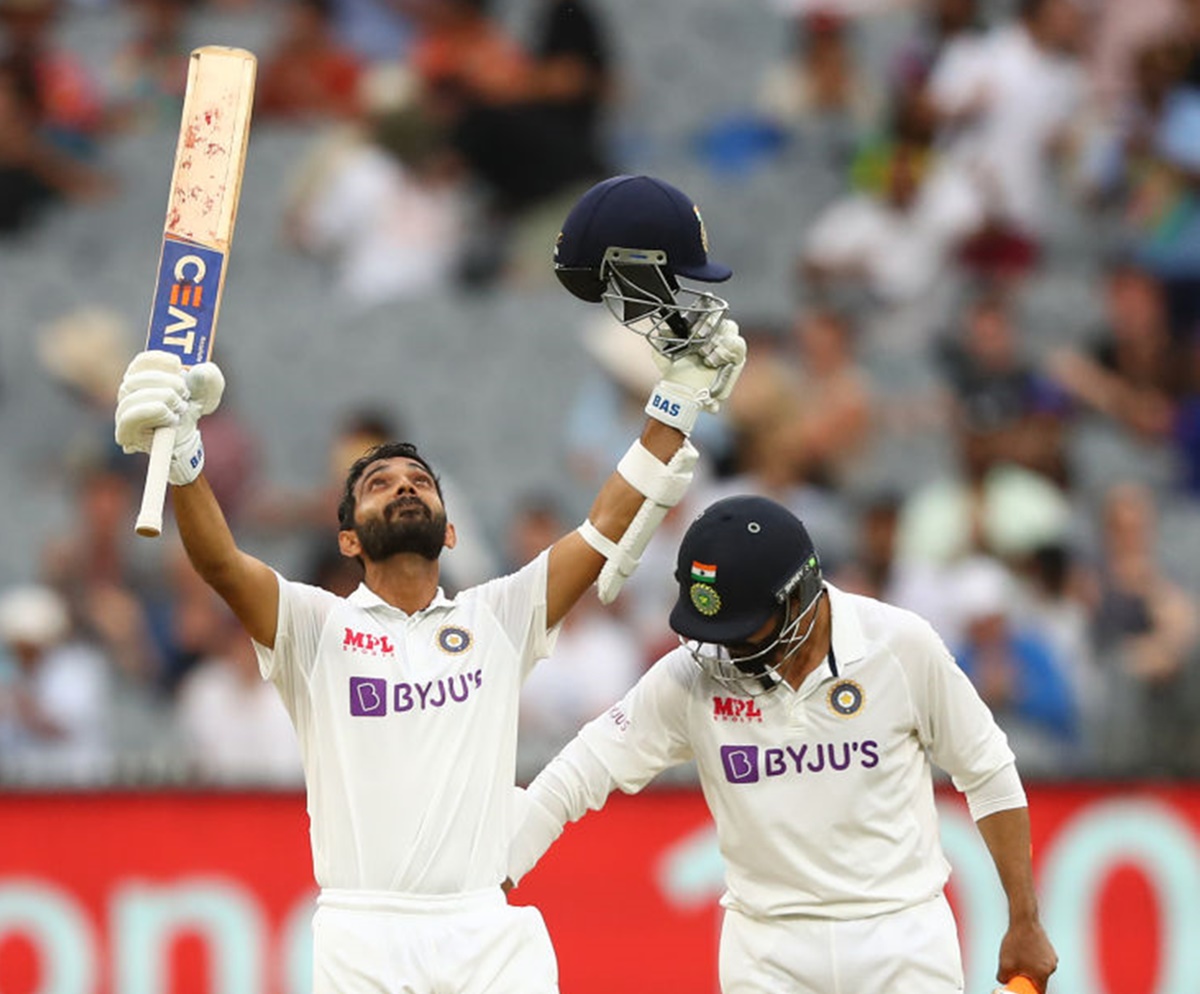 Ajinkya Rahane celebrates after getting to hundred on Day 2 of the second Test between Australia and India, at the Melbourne Cricket Ground