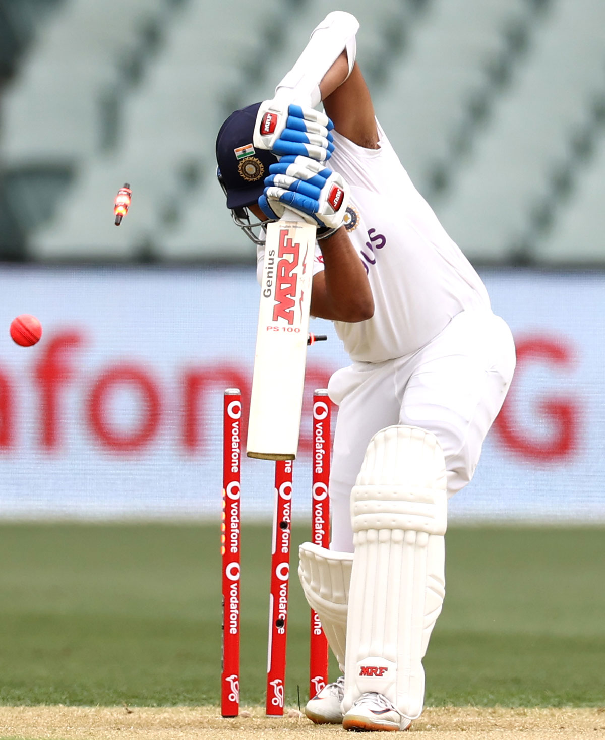 India's Prithvi Shaw is bowled by Mitchell Starc for a duck on Day 1 of the first Test against Australia, at the Adelaide Oval, on December 17, 2020.