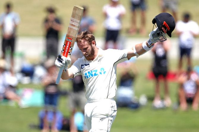 New Zealand's Kane Williamson reacts after completing his century during Day 2 of the first Test against Pakistan, at Bay Oval, in Tauranga, on Sunday.