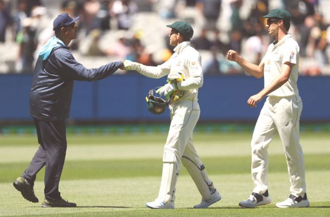 India Head Coach Ravi Shastri acknowledges Australia captain Tim Paine after India's win on Day 4 of the second Test match at Melbourne Cricket Ground on Tuesday. Australia (0.766) are currently at the top of the ICC World Test Championship points table followed by India (0.722) and New Zealand (0.625) on percentage points won, which will decide the final placings rather than total points won.