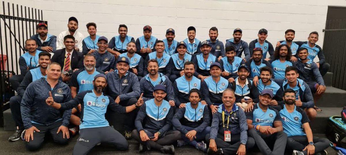 Team India celebrate with the support staff after their win over Australia in the 2nd Test at the MCG on Tuesday