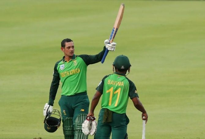South Africa's Quinton de Kock celebrates his century in the first ODI against England, at Newlands Cricket Ground, Cape Town, on Tuesday.
