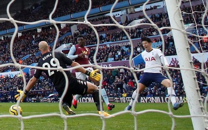 Son Heung-min scores Tottenham Hotspur's third goal during Sunday's Premier League match against Aston Villa