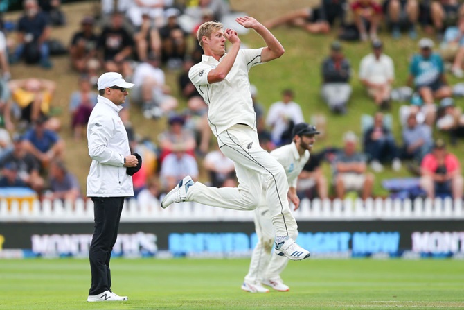 New Zealand pacer Kyle Jamieson bowls during Day 1 of the first Test against India, at Basin Reserve, Wellington,