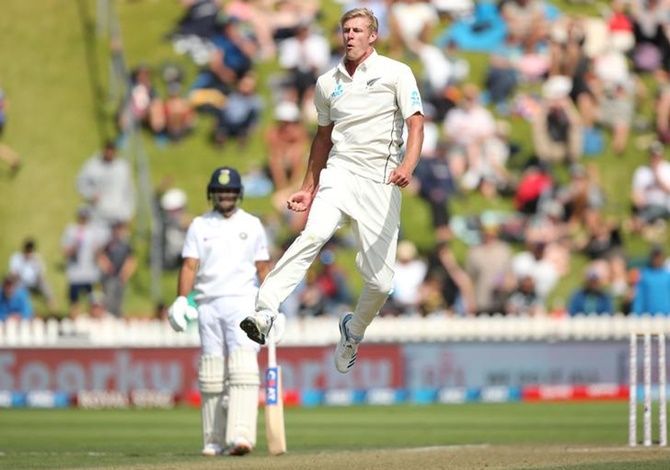 New Zealand pacer Kyle Jamieson reacts after sending down a delivery during the first Test against India at Basin Reserve, Wellington.