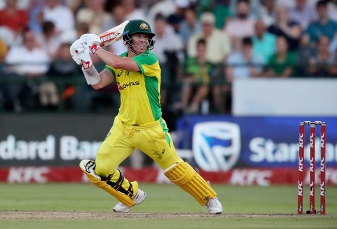 David Warner bats during his 37-ball 57 in the third T20I against South Africa at Newlands Cricket Ground, Cape Town on Wednesday. 