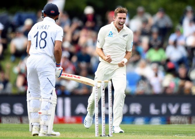 New Zealand pacer Tim Southee celebrates after trapping Virat Kohli leg before wicket