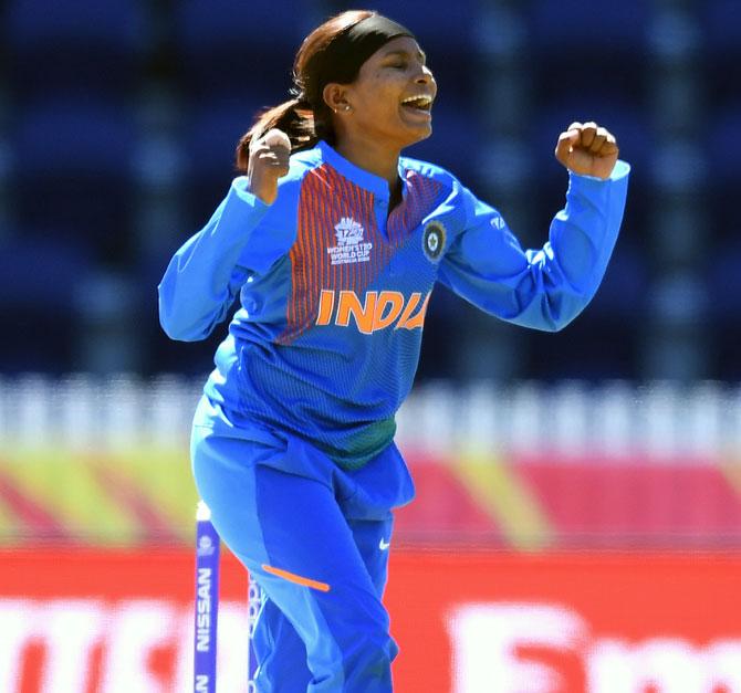 Rajeshwari Gayakwad celebrates getting the wicket of Harshitha Madhavi.