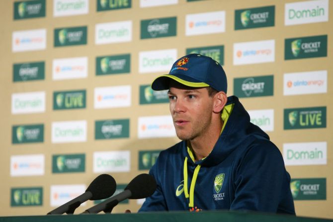 Australia captain Tim Paine speaks to the media during a team nets session at the Sydney Cricket Ground in Sydney on Thursday