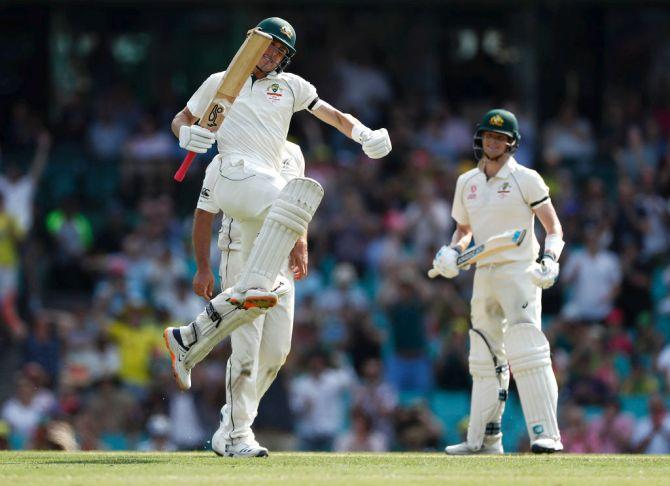 Australia's Marnus Labuschagne celebrates after reaching his century