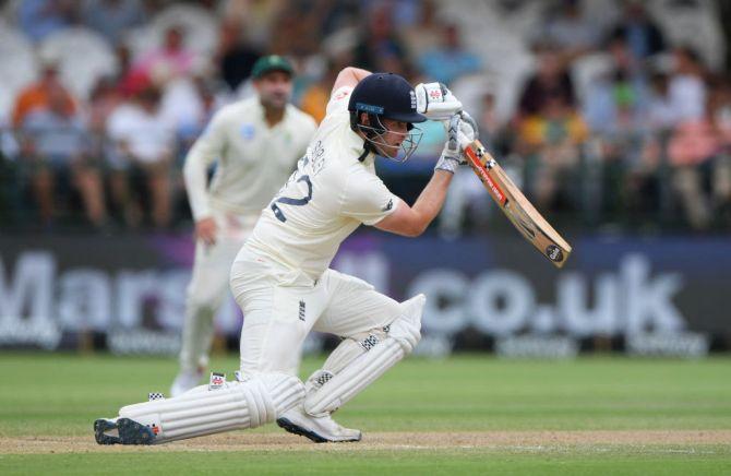 England batsman Dom Sibley drives the ball to the boundary during his innings on Day 3