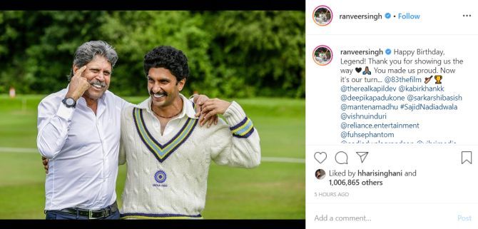 Actor Ranveer Singh posted a picture with Kapil Dev on the sets of the film, '83' while posting birthday wishes to the cricket legend