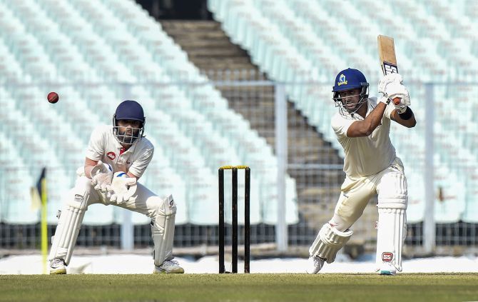 Bengal's Manoj Tiwary bats on the last day of their Ranji Trophy match against Gujarat, at Eden Garden in Kolkata on Monday
