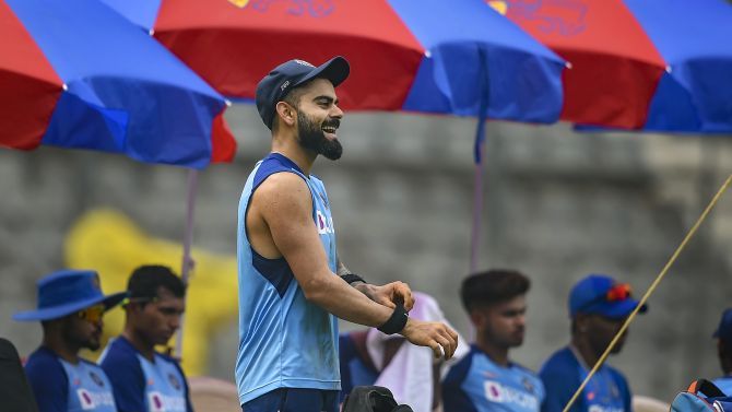 India captain Virat Kohli during a training session on Monday, ahead of the first one day international cricket match against Australia at Wankhede Stadium in Mumbai