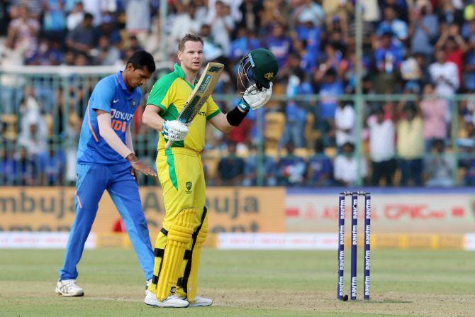 Australia's Steven Smith celebrates on completing his century