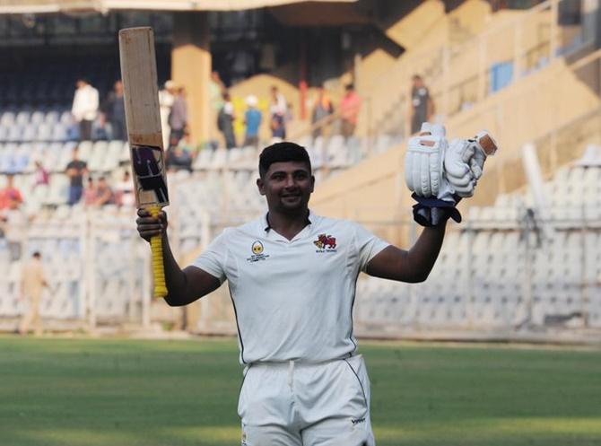 Mumbai’s Sarfaraz Khan celebrates following his unbeaten triple hundred in the drawn Ranji Trophy game against Uttar Pradesh