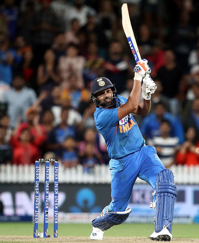 Rohit Sharma sends the ball into the stands during the Super Over of the third T20I against New Zealand in Hamilton on Wednesday.