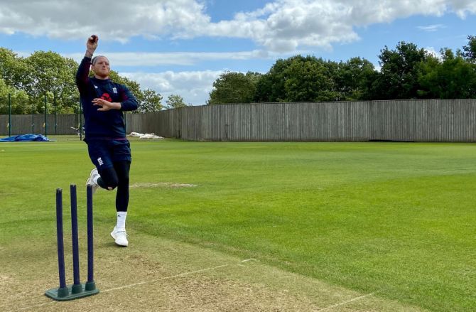 Ben Stokes bowls during an England training session behind closed doors at The Ageas Bowl in Southampton, England, on Monday