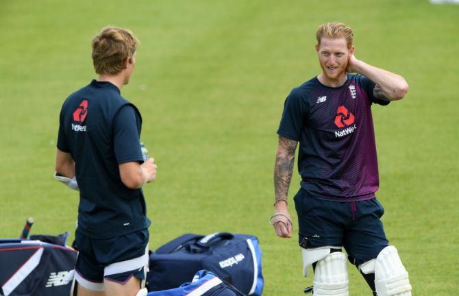England captain Ben Stokes speaks with Zak Crawley during a nets session at Ageas Bowl in Southampton on Monday 