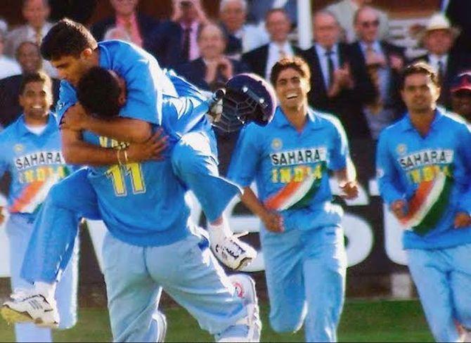 India captain Sourav Ganguly hugs Mohammad Kaif after India's historic win in the NatWest Trophy final on July 13, 2002