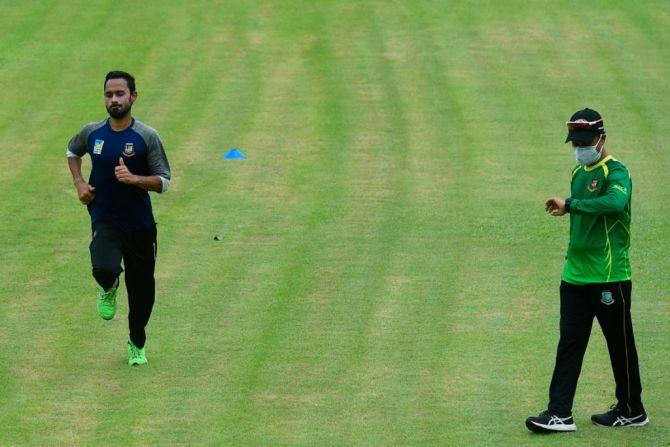 Bangladesh's Mohammad Mithun goes through the paces as he resumes training on Sunday