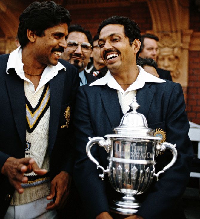 India captain Kapil Dev celebrates with teammate Mohinder Amarnath after winning the 1983 World Cup final against West Indies at Lord's, on June 25, 1983