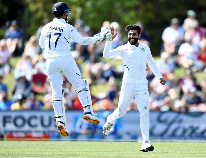 Ravindra Jadeja celebrates after dismissing Colin de Grandhomme.