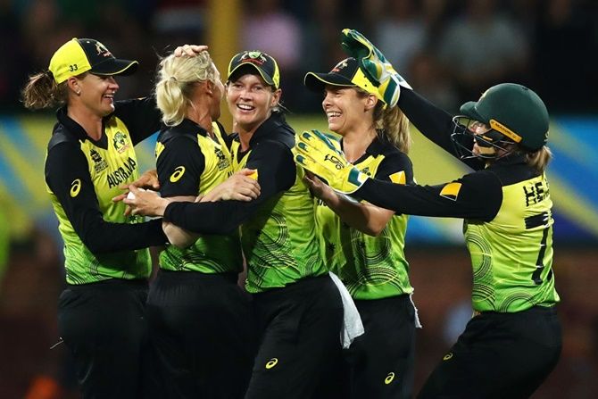Australia's Meg Lanning celebrates with teammates after the fall of a South Africa wicket in their ICC women's T20 World Cup semi-final at Sydney Cricket Ground.