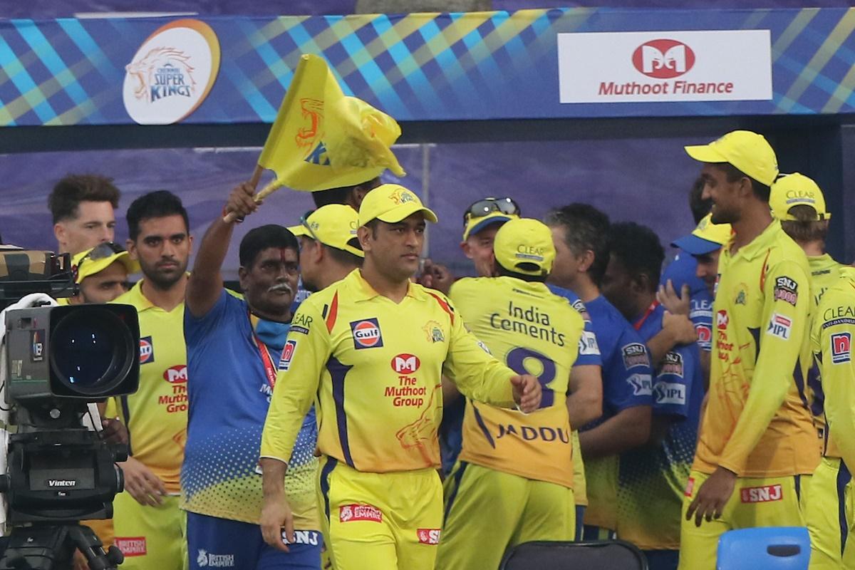 Captain Mahendra Singh Dhoni celebrates with his Chennai Super Kings teammates after beating Kings XI Punjab