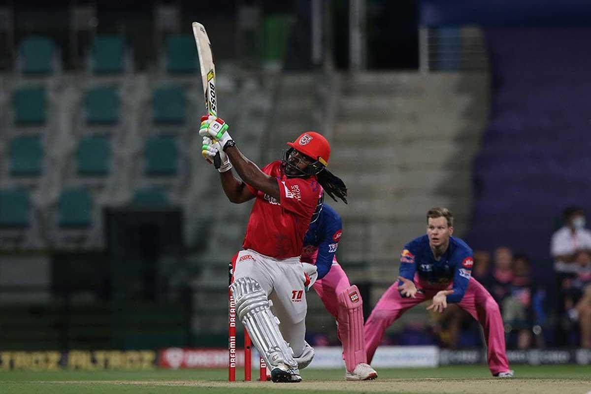 Chris Gayle of Kings XI Punjab plays a shot against the Rajasthan Royals at the Sheikh Zayed Stadium, Abu Dhabi