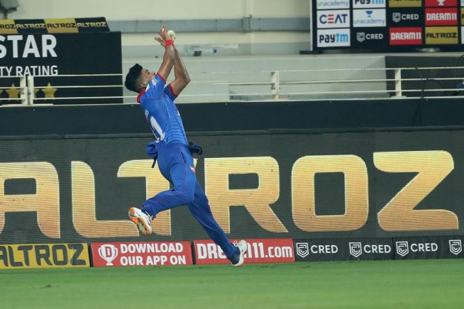 Delhi Capitals' Shreyas Iyer takes a catch to dismiss Kings XI Punjab's Glenn Maxwell off the bowling of Kagiso Radaba on 20th September 2020. 